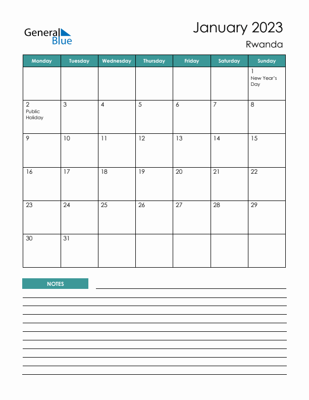 Calendar with Notes Printable - Monday Start