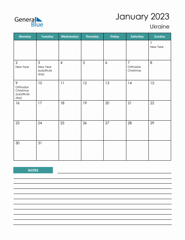 Calendar with Notes Printable - Monday Start