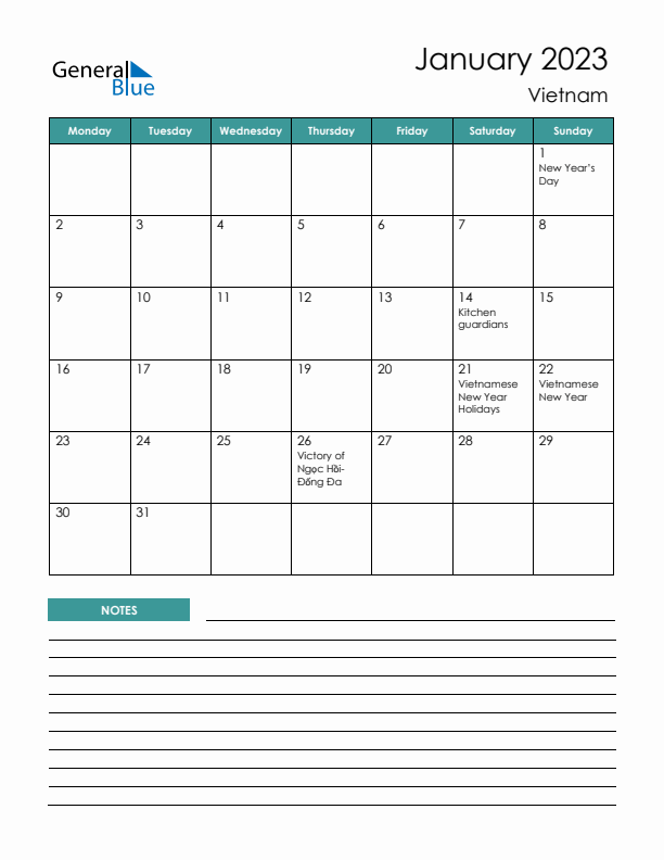 Calendar with Notes Printable - Monday Start