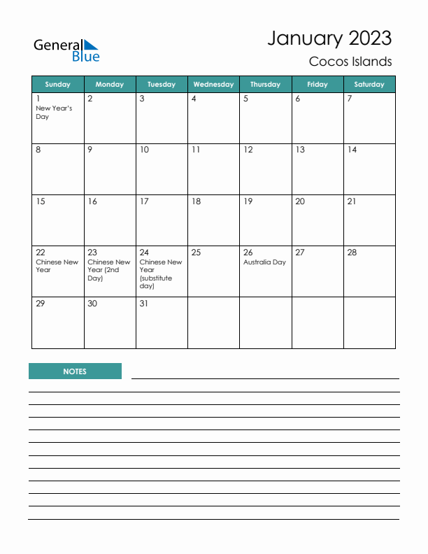 Calendar with Notes Printable - Sunday Start