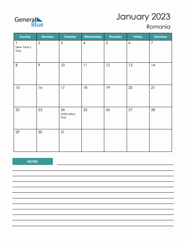 Calendar with Notes Printable - Sunday Start