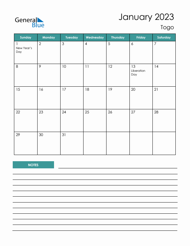 Calendar with Notes Printable - Sunday Start