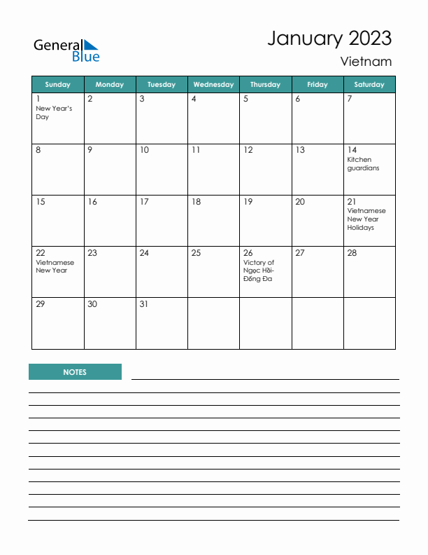 Calendar with Notes Printable - Sunday Start