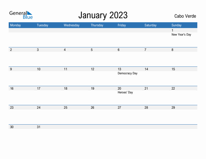 Fillable January 2023 Calendar