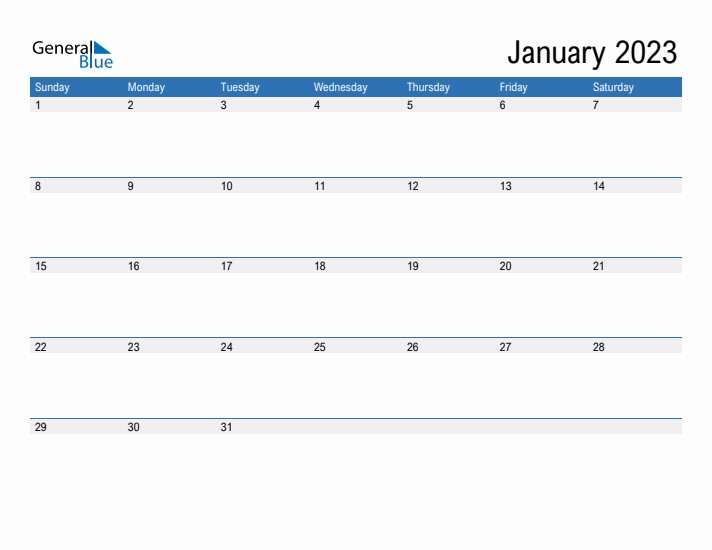 Fillable Calendar for January 2023