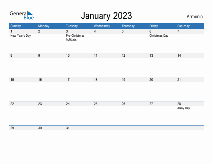 Fillable January 2023 Calendar