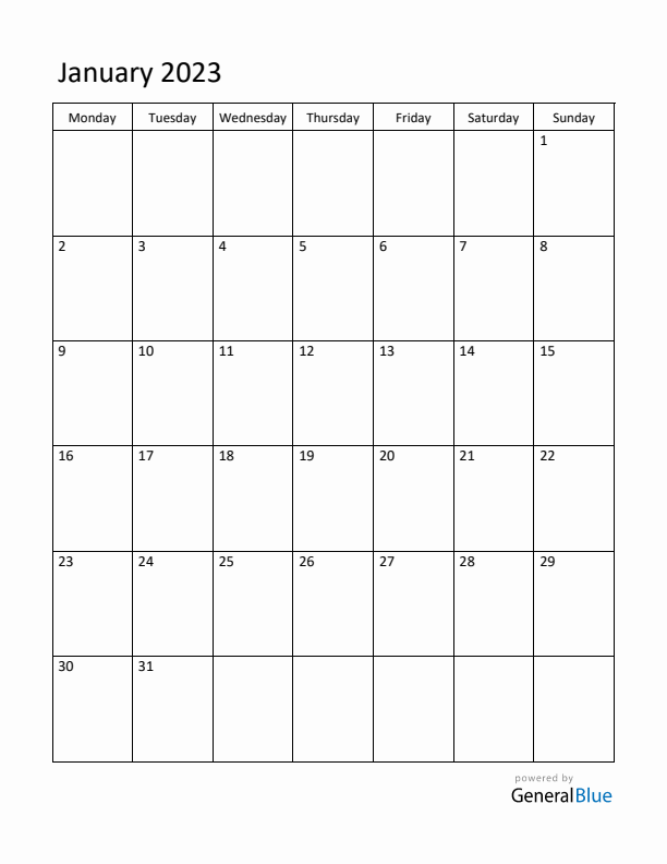 Monday Start Calendar for January 2023