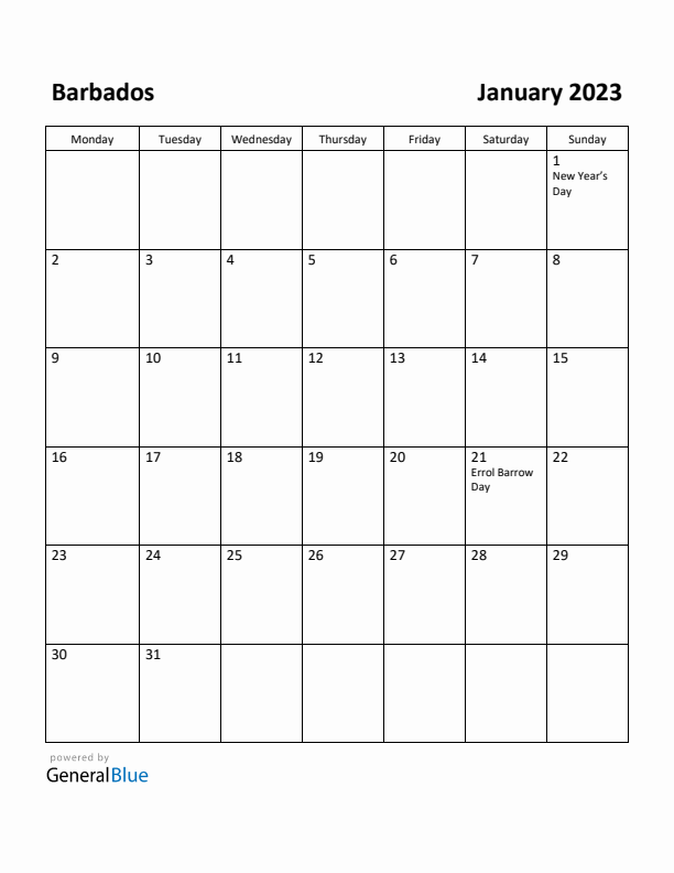 January 2023 Calendar with Barbados Holidays