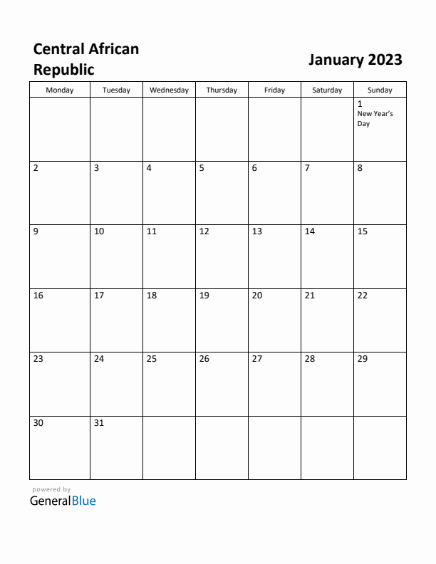 January 2023 Calendar with Central African Republic Holidays