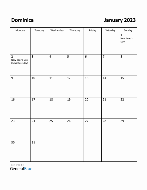 January 2023 Calendar with Dominica Holidays