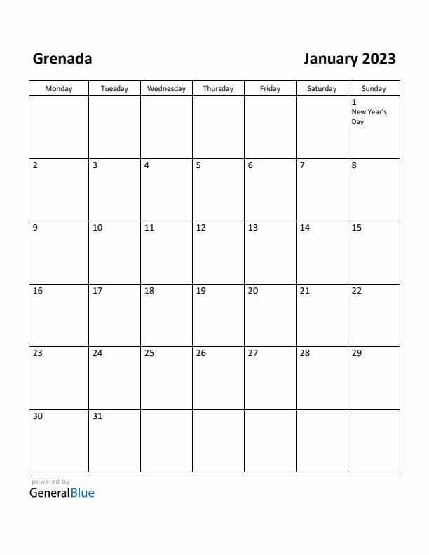 January 2023 Calendar with Grenada Holidays