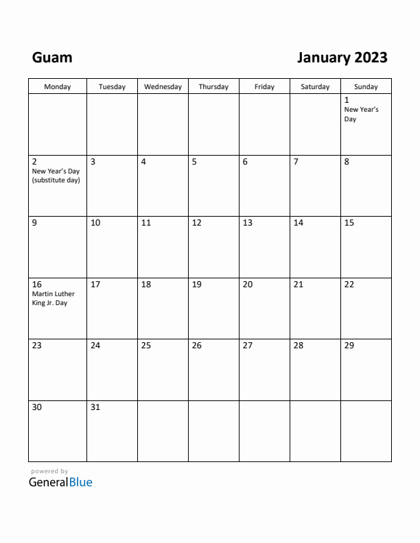 January 2023 Calendar with Guam Holidays