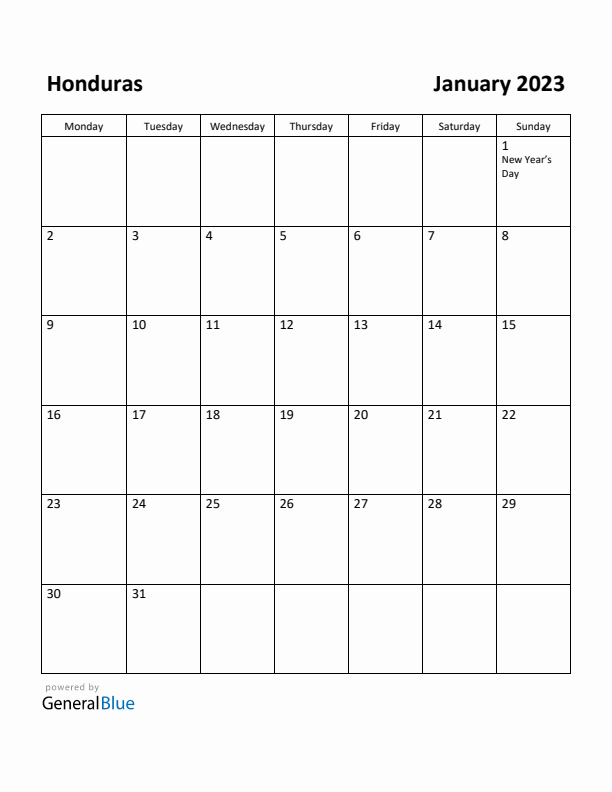 January 2023 Calendar with Honduras Holidays