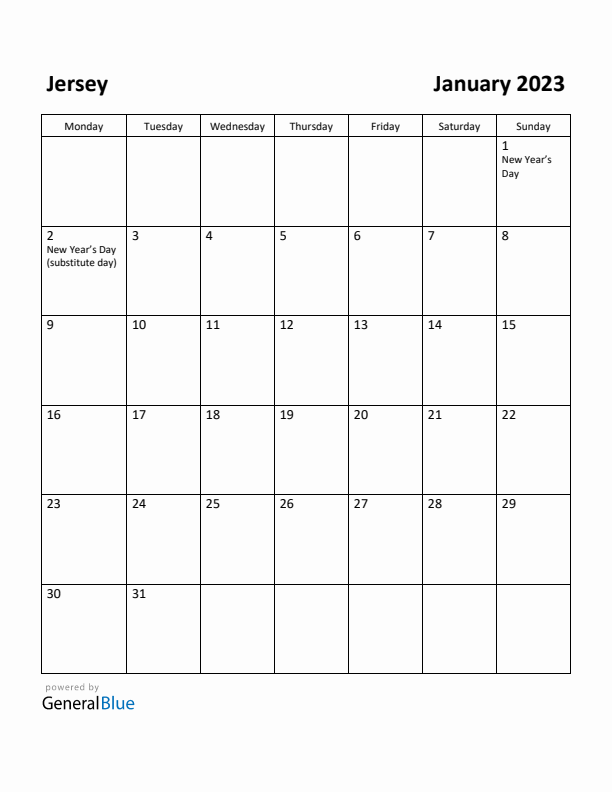 January 2023 Calendar with Jersey Holidays