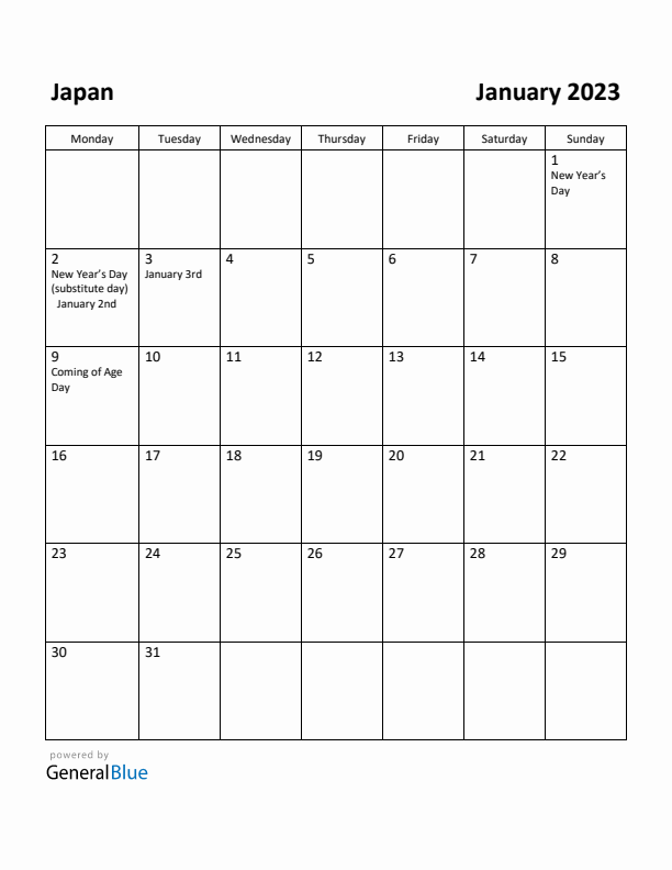 January 2023 Calendar with Japan Holidays