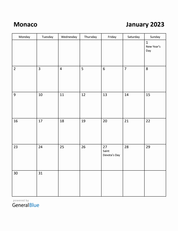 January 2023 Calendar with Monaco Holidays