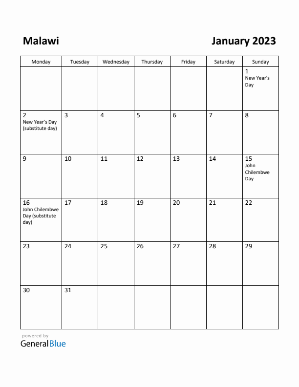 January 2023 Calendar with Malawi Holidays