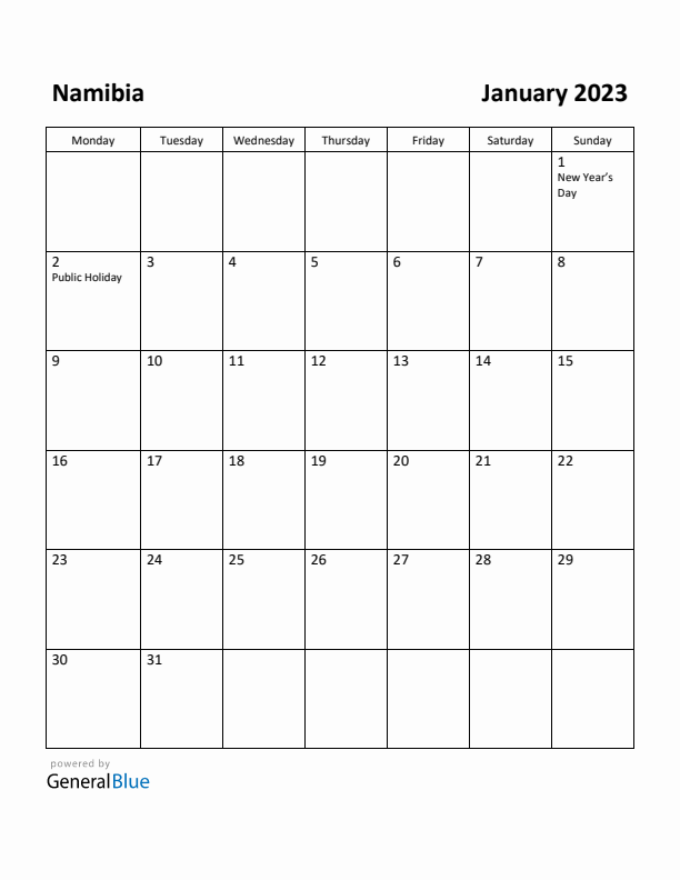 January 2023 Calendar with Namibia Holidays