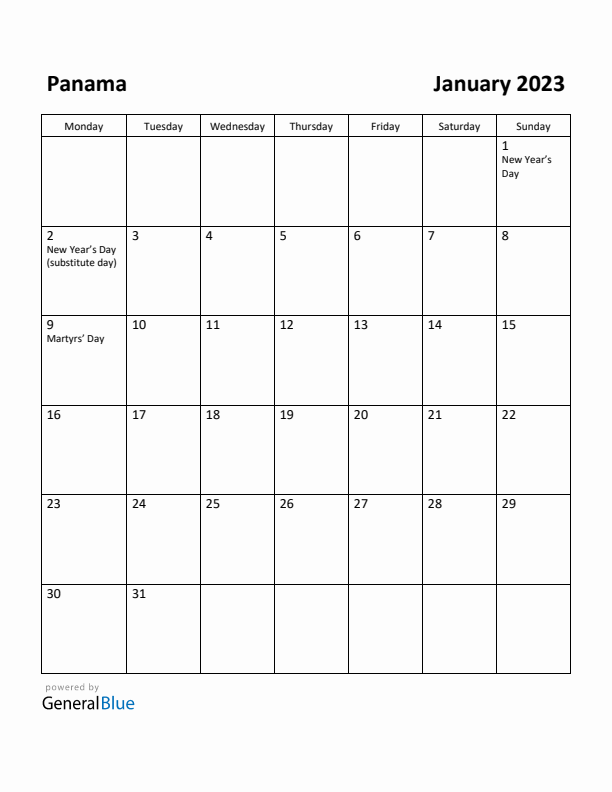 January 2023 Calendar with Panama Holidays