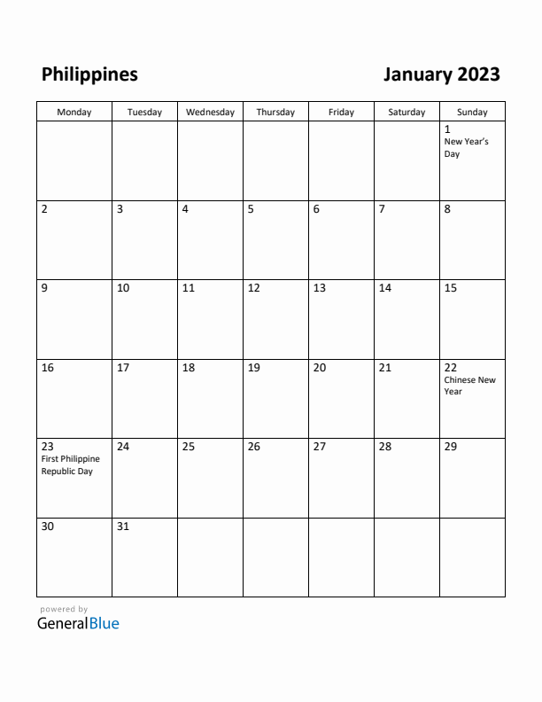 January 2023 Calendar with Philippines Holidays