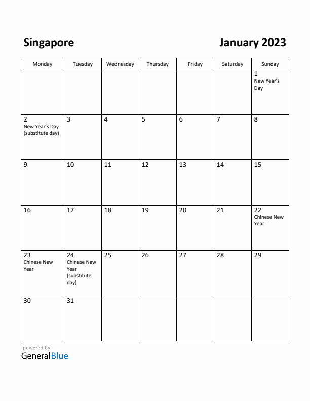 January 2023 Calendar with Singapore Holidays