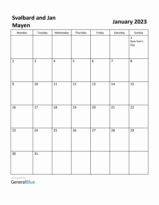 January 2023 Calendar with Svalbard and Jan Mayen Holidays