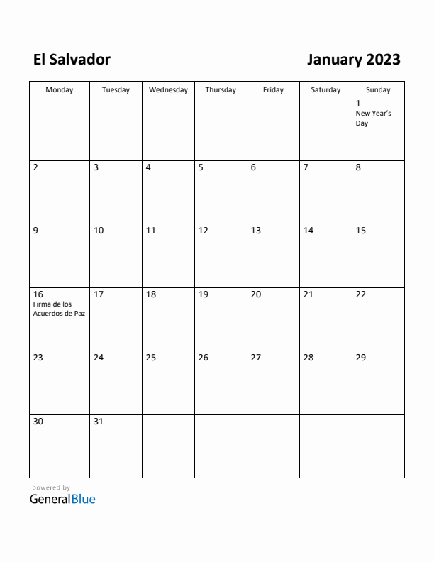 January 2023 Calendar with El Salvador Holidays