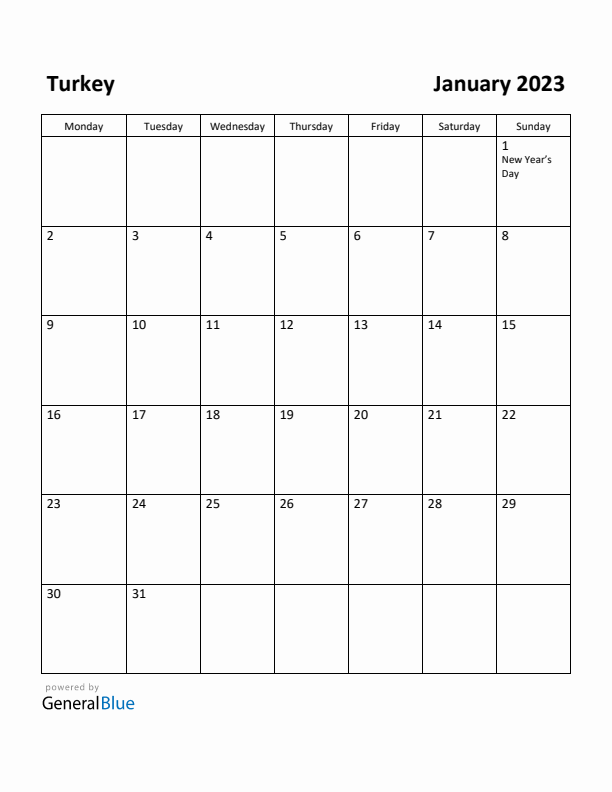 January 2023 Calendar with Turkey Holidays