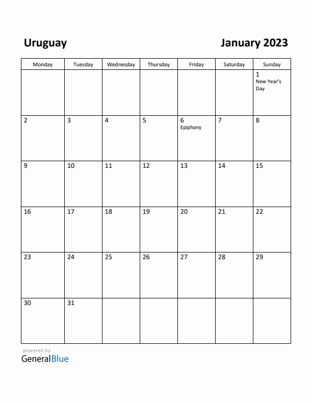 January 2023 Calendar with Uruguay Holidays