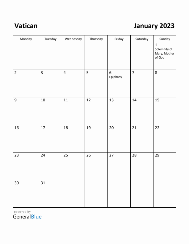 January 2023 Calendar with Vatican Holidays