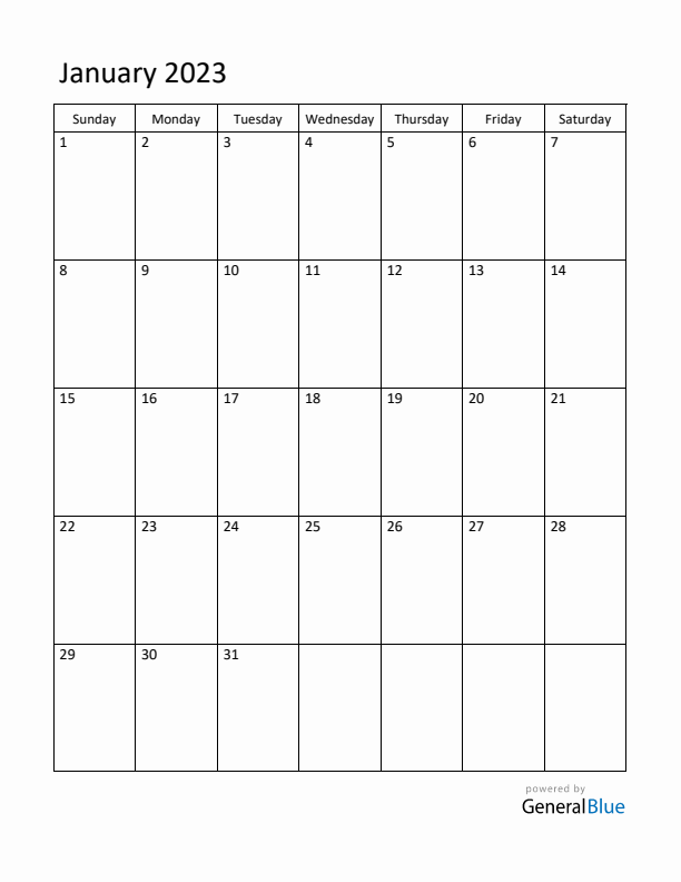 Sunday Start Calendar for January 2023