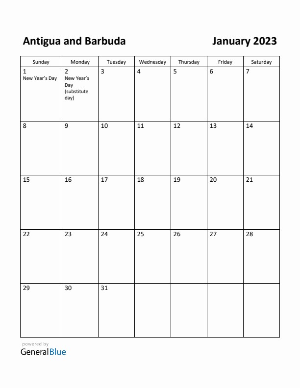 January 2023 Calendar with Antigua and Barbuda Holidays