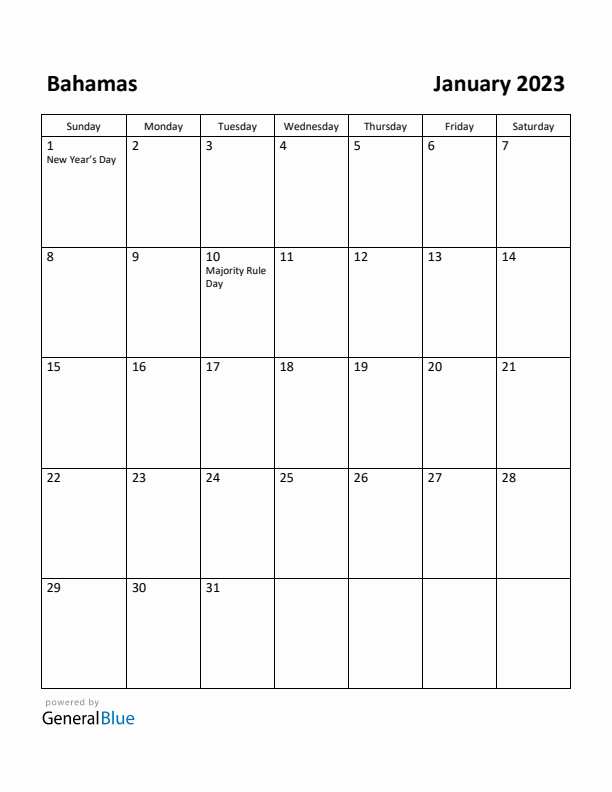 January 2023 Calendar with Bahamas Holidays