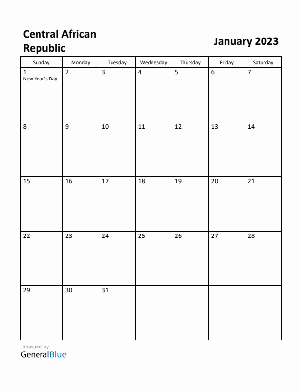 January 2023 Calendar with Central African Republic Holidays