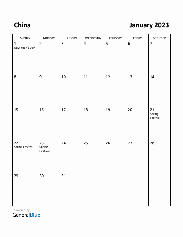 January 2023 Calendar with China Holidays