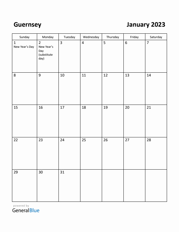 January 2023 Calendar with Guernsey Holidays