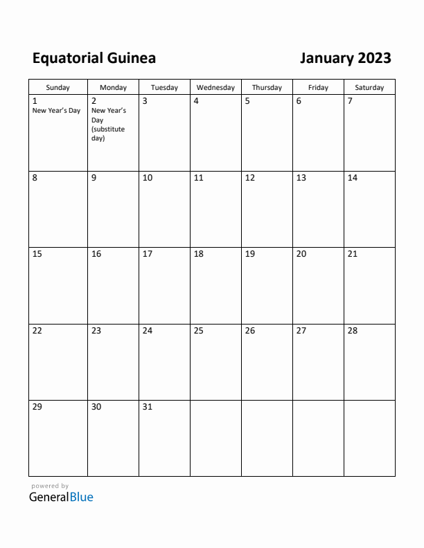 January 2023 Calendar with Equatorial Guinea Holidays