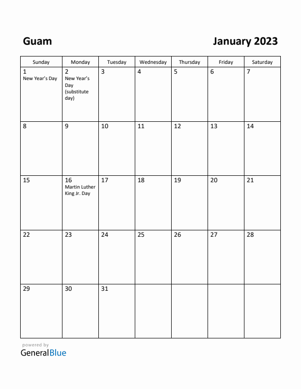 January 2023 Calendar with Guam Holidays