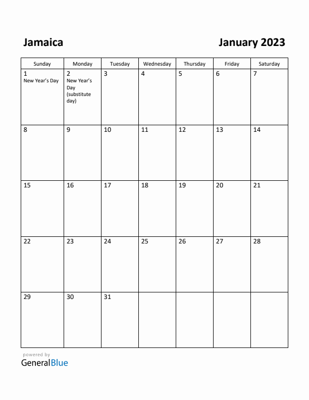 January 2023 Calendar with Jamaica Holidays