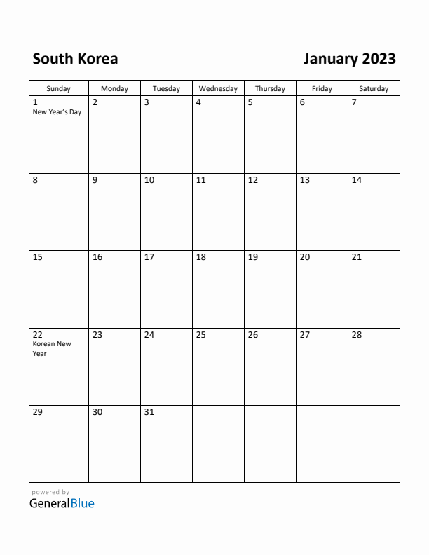 January 2023 Calendar with South Korea Holidays