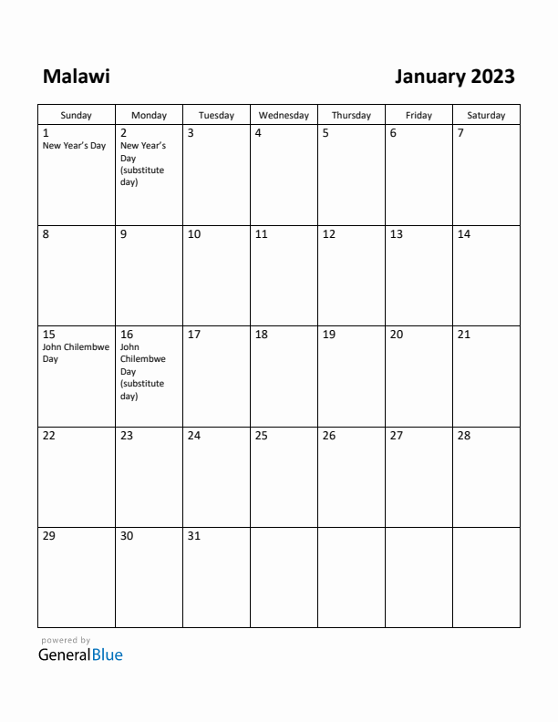 January 2023 Calendar with Malawi Holidays