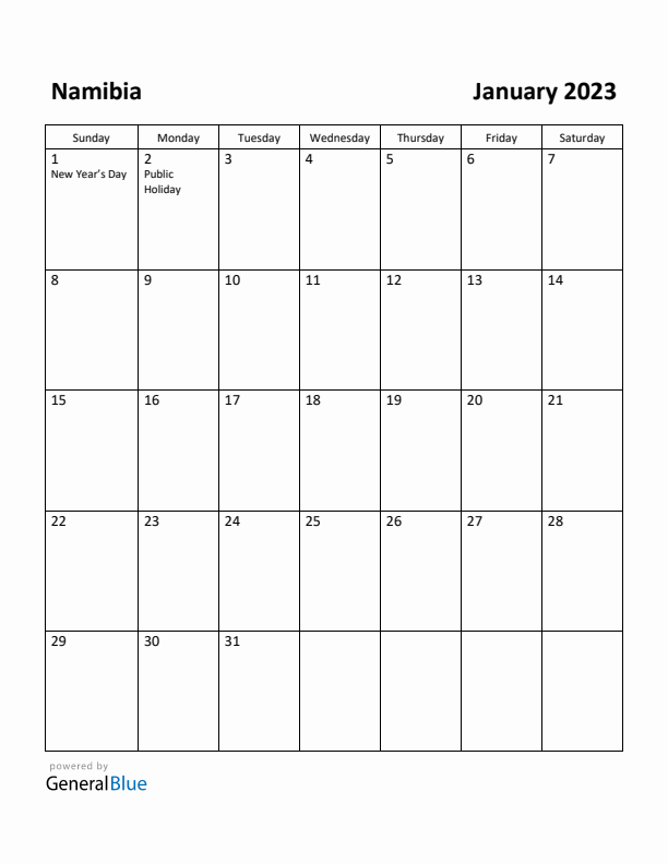 January 2023 Calendar with Namibia Holidays