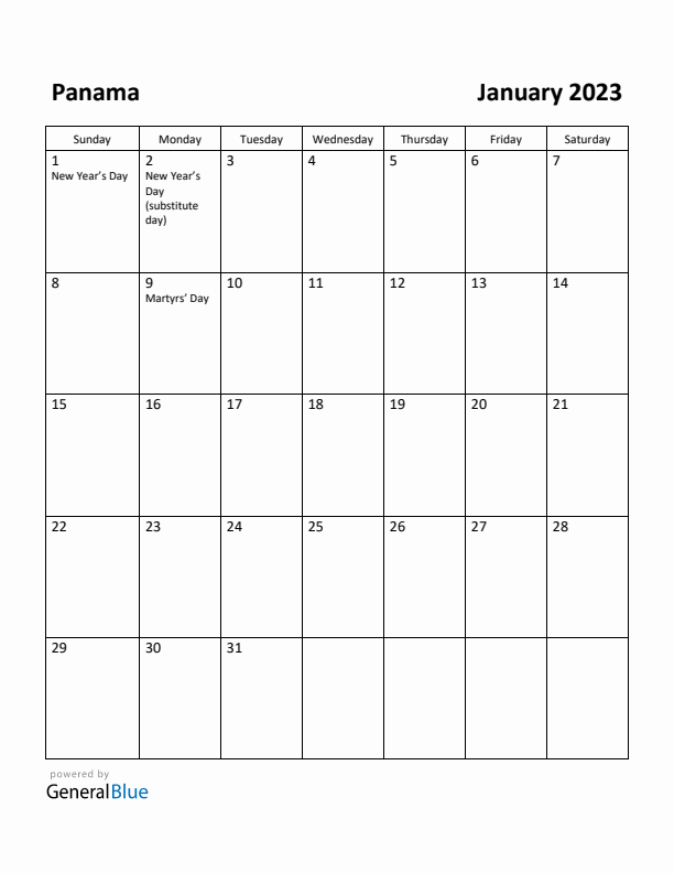 January 2023 Calendar with Panama Holidays