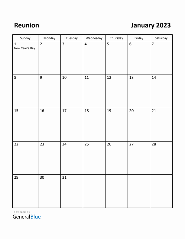 January 2023 Calendar with Reunion Holidays