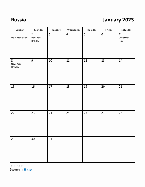 January 2023 Calendar with Russia Holidays