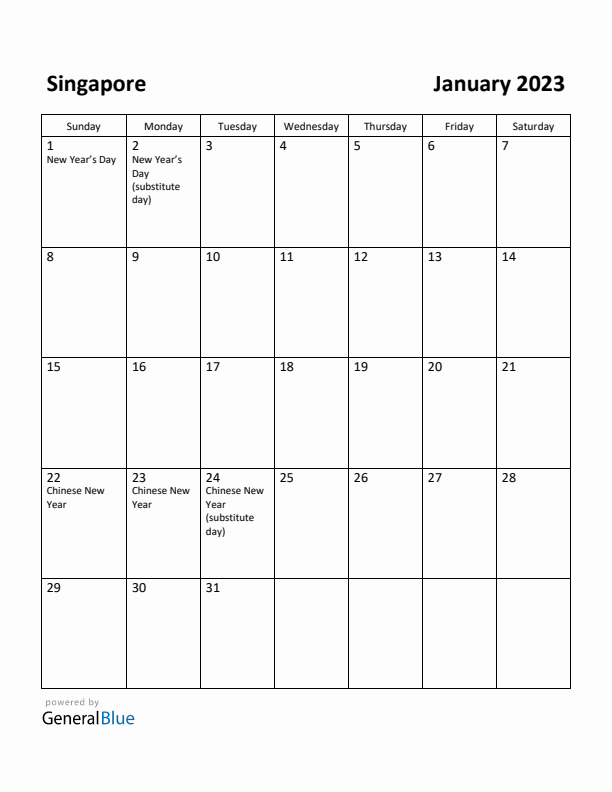 January 2023 Calendar with Singapore Holidays