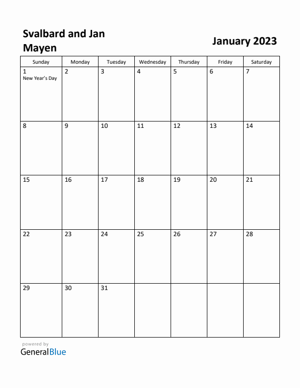 January 2023 Calendar with Svalbard and Jan Mayen Holidays