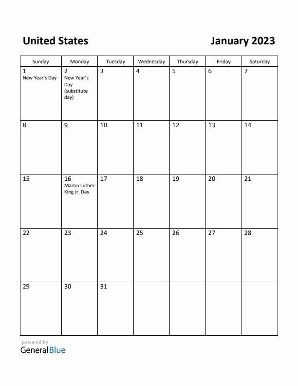 January 2023 Calendar with United States Holidays