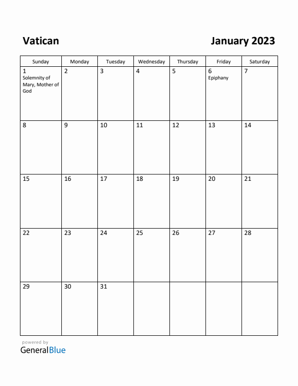 January 2023 Calendar with Vatican Holidays