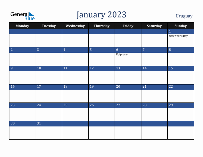 January 2023 Uruguay Calendar (Monday Start)